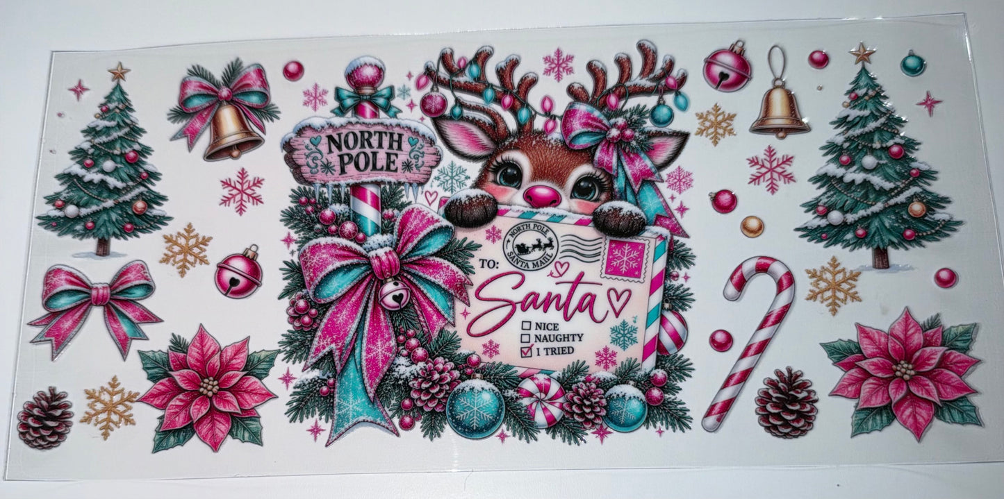 North Pole Santa Reindeer - 16oz UV DTF Cup Wrap