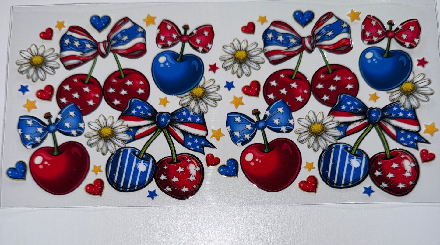 Patriotic Cherries - 16oz Uv DTF Cup Wrap