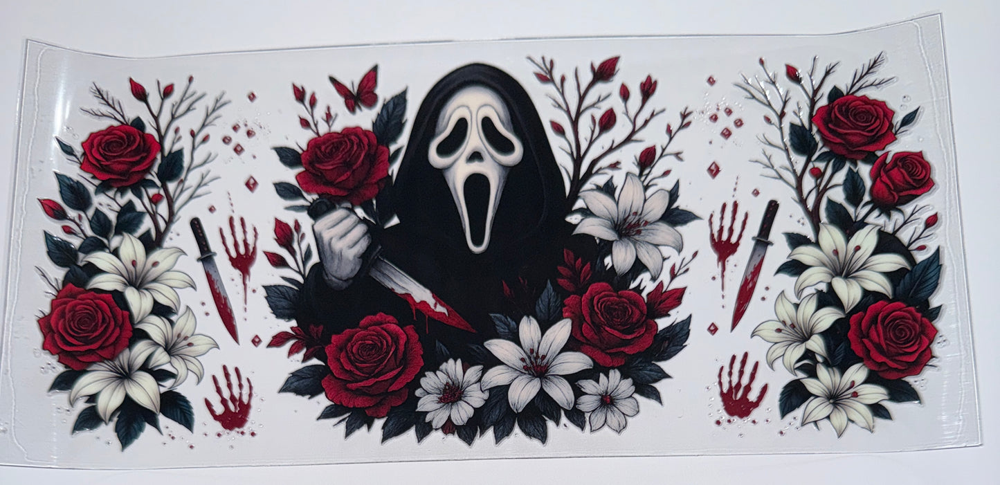 Red White Flowers Ghostface - 16oz UV DTF Cup Wraps