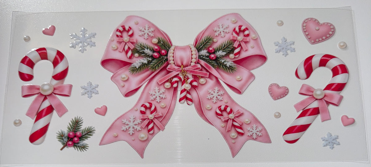 Pink Candy cane Bow - 16oz UV DTF Cup Wrap