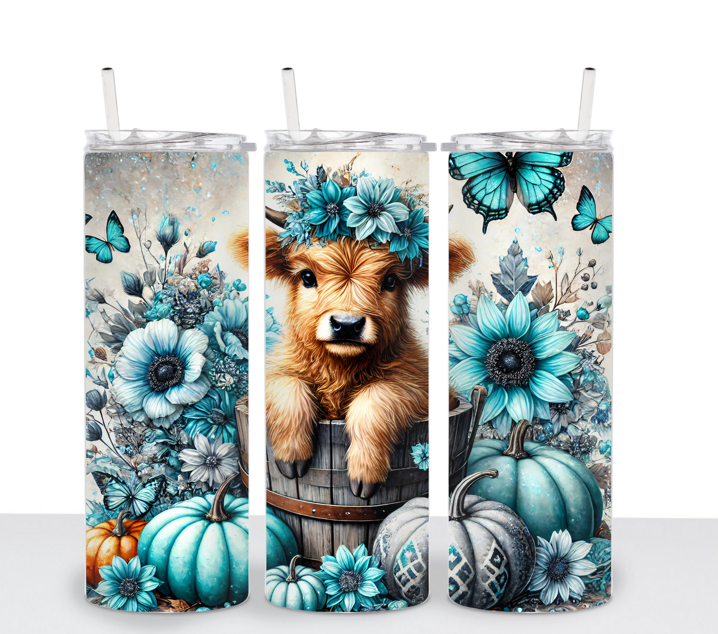 Teal Fall Cow Sublimation Tumbler