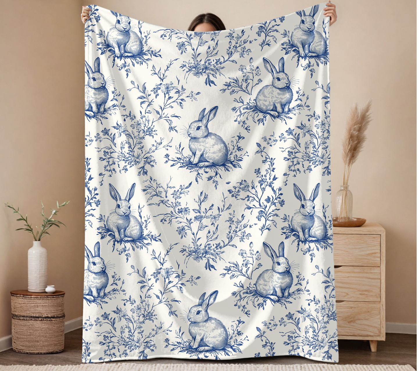 60in x 80in Vintage Blue Bunny Blanket