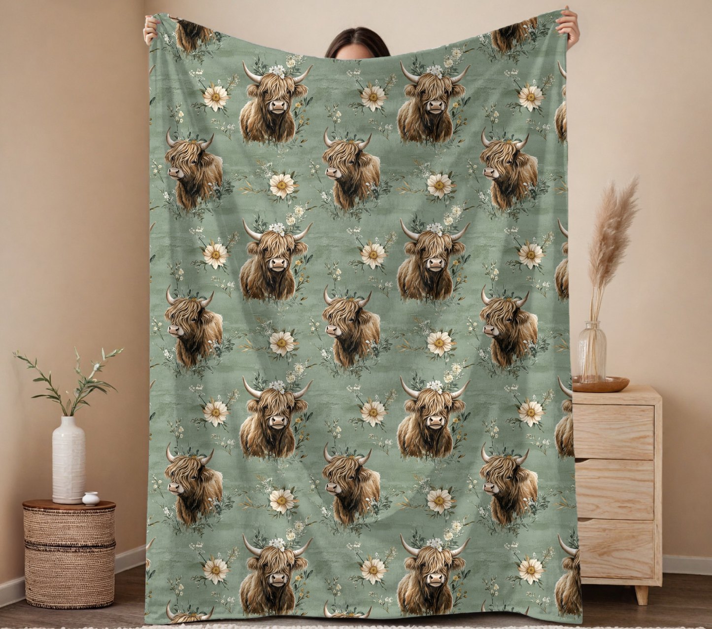 60in x 80in Green Highland Cow Blanket