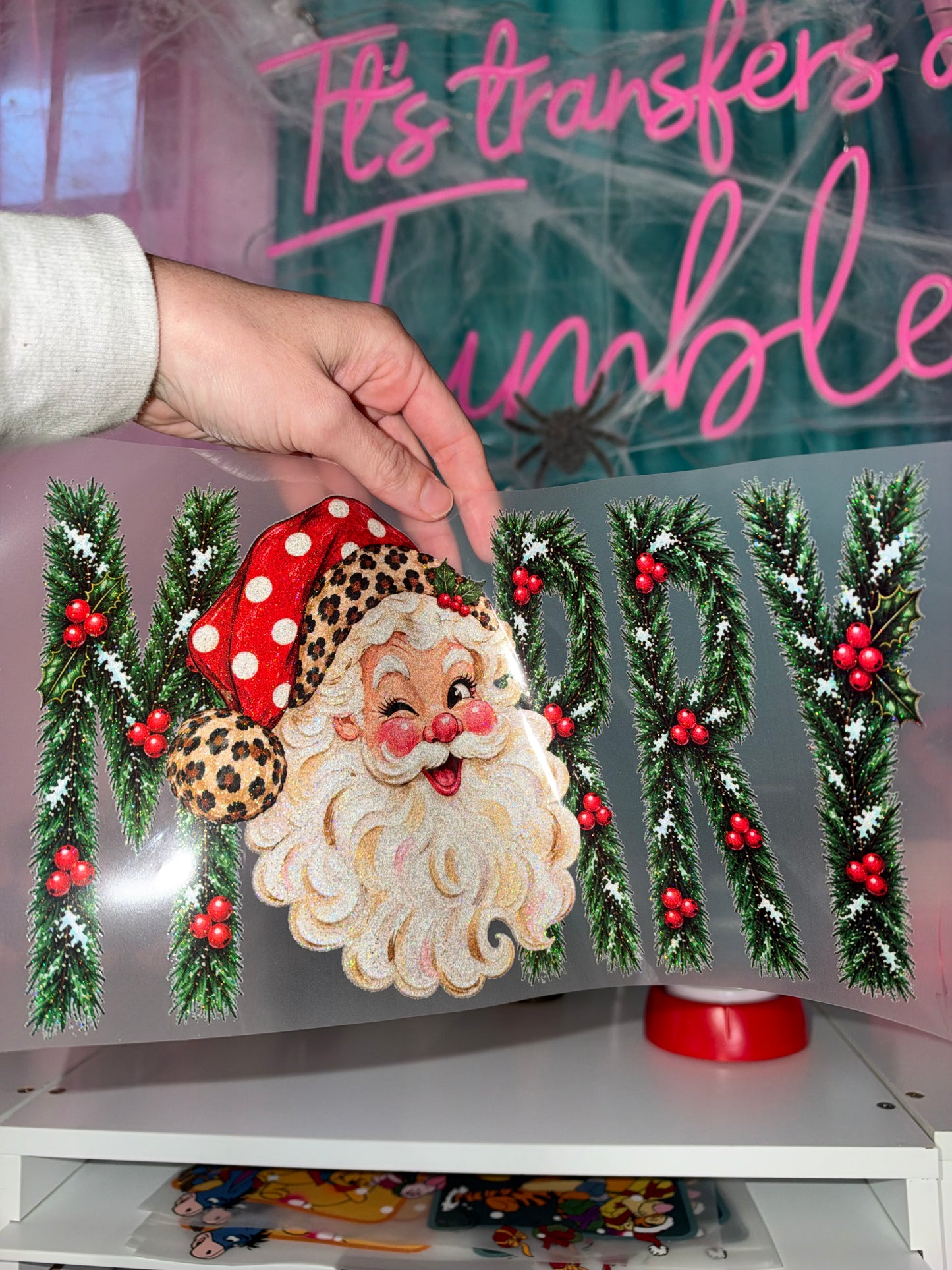 Merry Green Santa - Glitter Screen Print Transfer