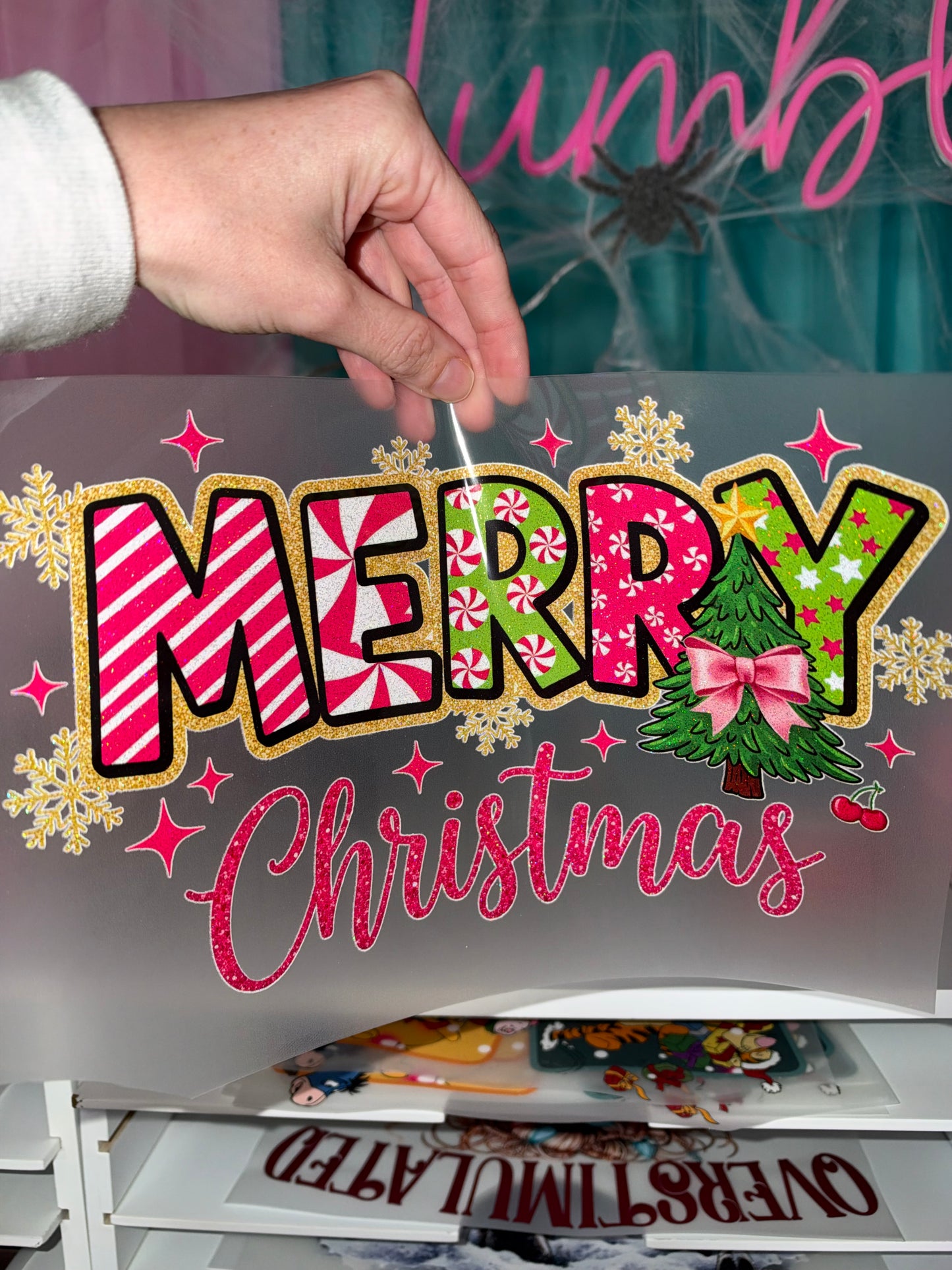 Merry Christmas Pink Green - Glitter Screen Print Transfer