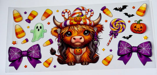 Pumpkin Highland Cow with Purple Bow - 16oz UV DTF Cup Wraps