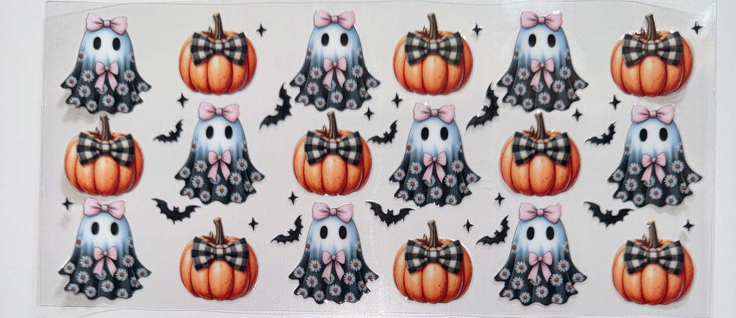 White Black Floral Ghost Pumpkins - 16oz UV DTF Cup Wrap