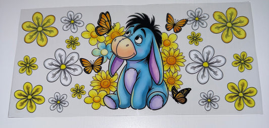 Blue Dino Yellow Flowers - 16oz UV DTF Cup Wrap