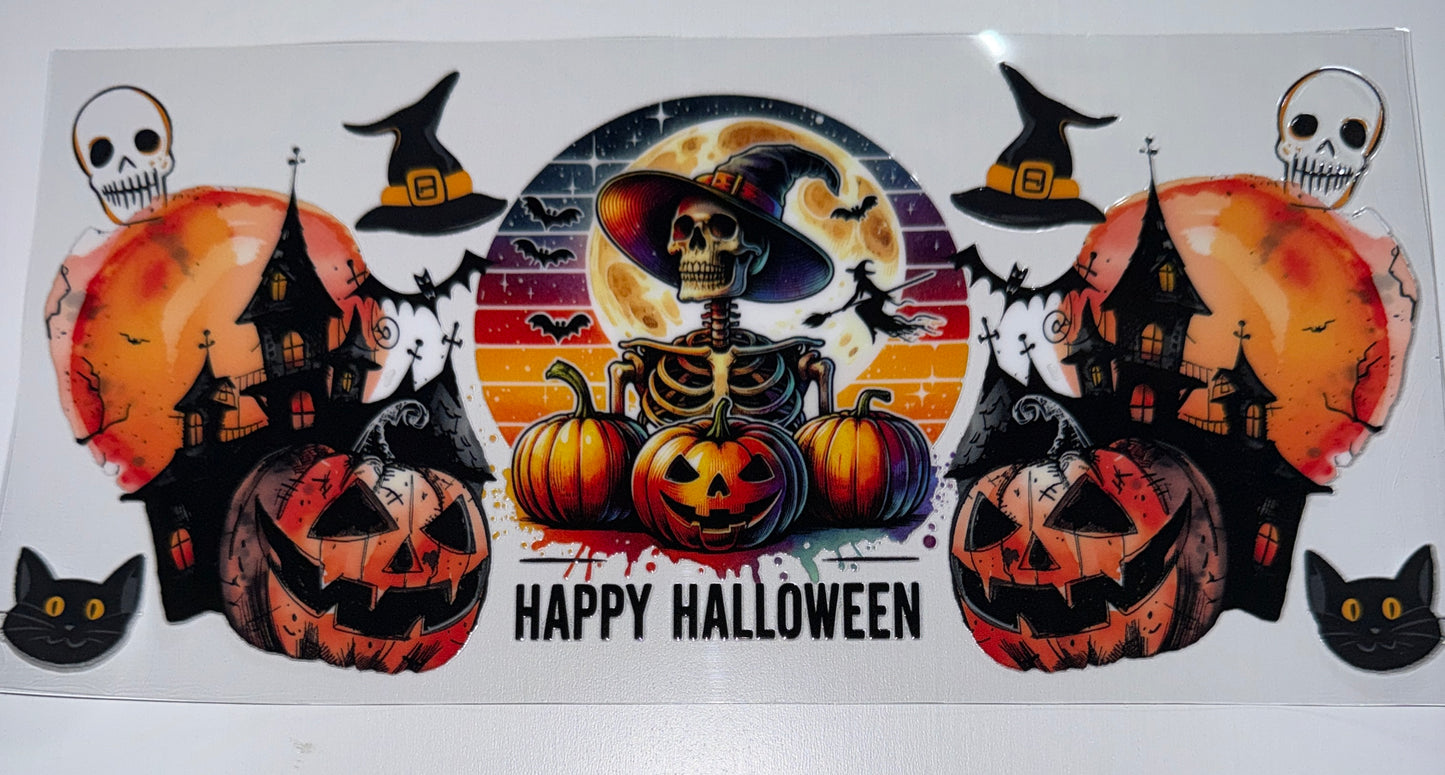 Happy Halloween Skeleton and Pumpkins - 16oz UV DTF Cup Wrap