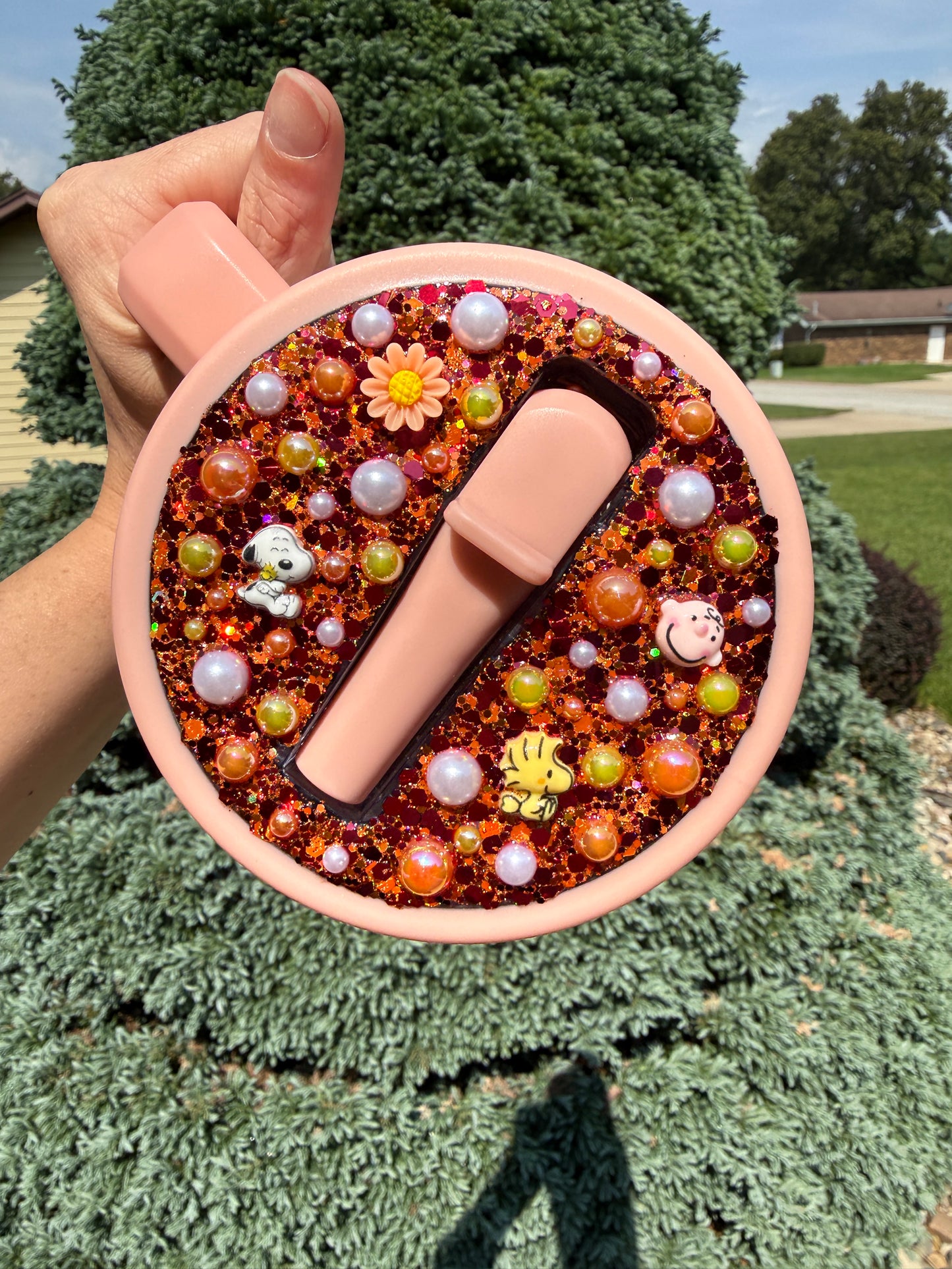 40oz Peach White Dog Cup with Bling Lid