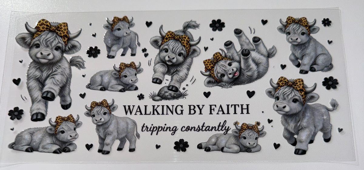 Walking by Faith Cow with Leo Bow - 16oz UV DTF Cup Wrap