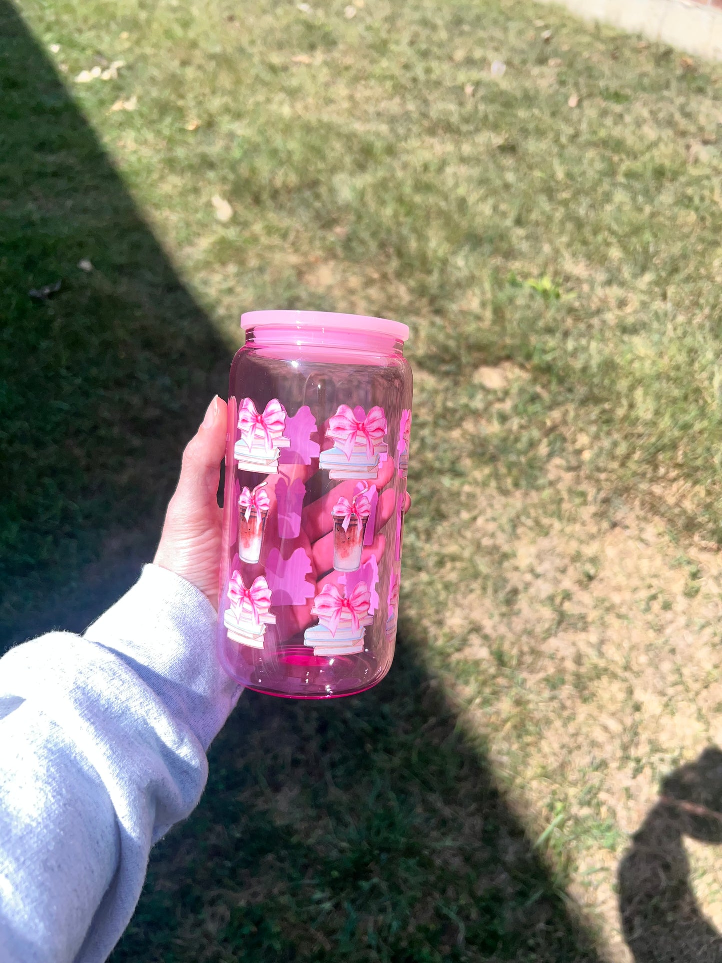 16oz Glass Cup Coffee Pink Bow