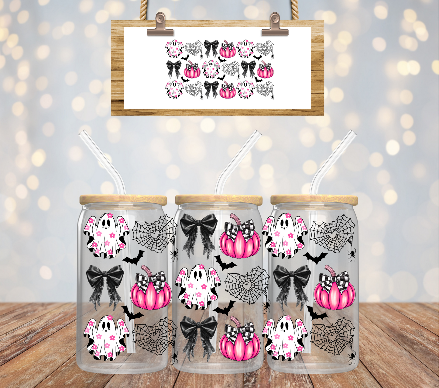 PINK GHOST PUMPKINS - 16oz UV DTF CUP WRAP