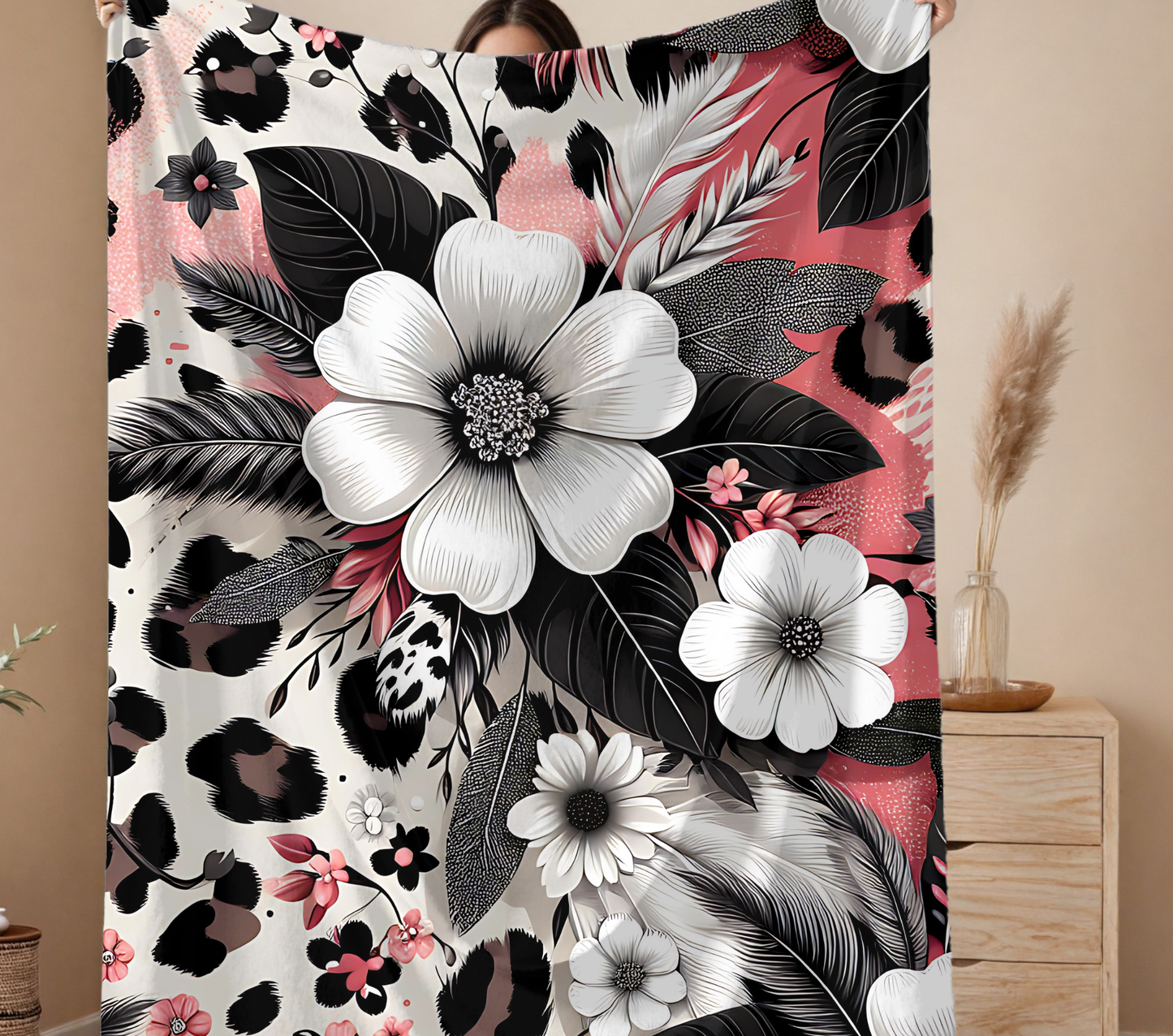 60in x 80in Blanket Leopard White Flower