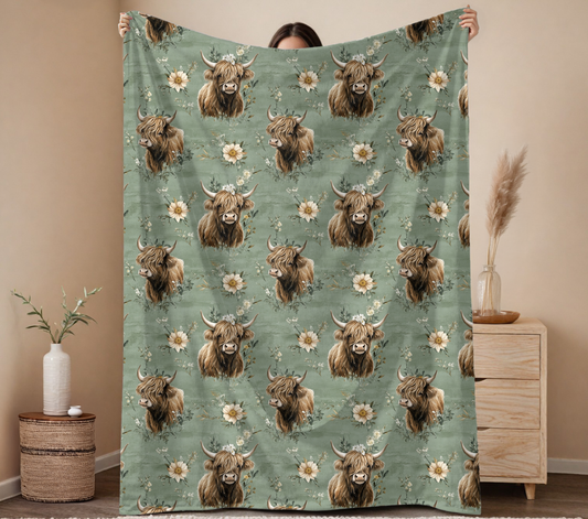 60in x 80in Green Highland Cow Blanket