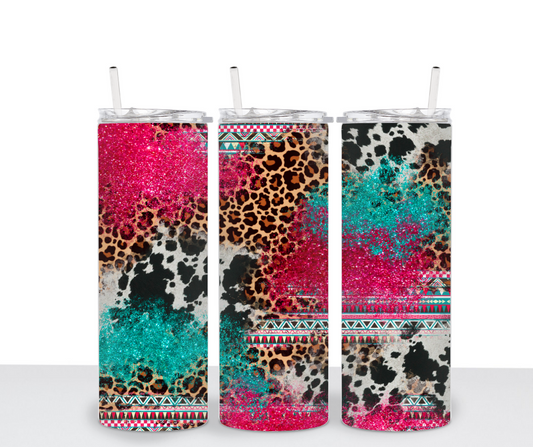 Pink and blue glitter cow leopard